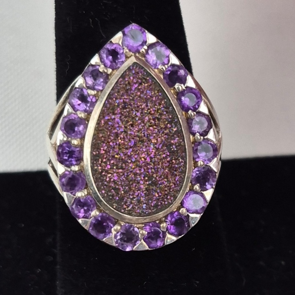 Sterling‎ Silver India PTI 925 Purple Druzy Amethyst Teardrop Ring Size 8.75